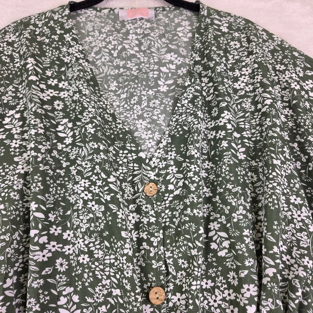 C+D+M Collection Green Floral Button Front Midi Dress Small Kimono Sleeve Boho - Picture 8 of 8
